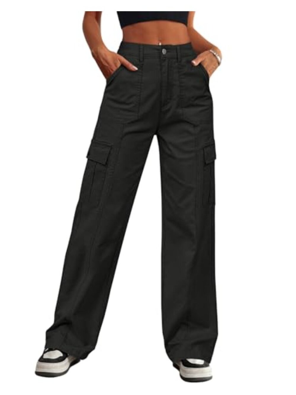 High Waisted Cargo Pants Stretch Drawstring Ankle 6 Pockets Wide Leg
